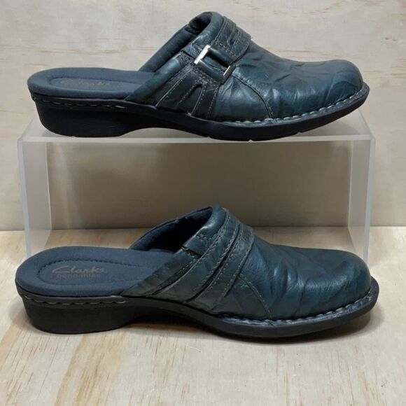 Clarks Bendables Blue Leather Slip-On Loafer Clog Women 6.5 Mule 67157 - Picture 1 of 9